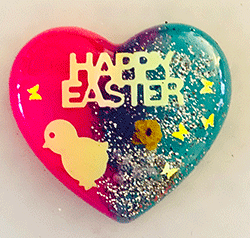 Easter Heart Decoration Yellow Lettering with Pink and Blue Background