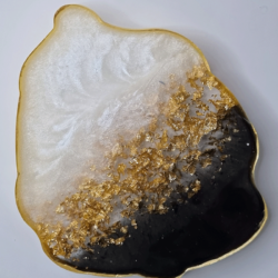 Black and White Pearl with Gold Flake and Gold Edging Resin Coaster