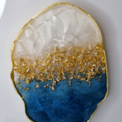 Blue and White Pearl with Gold Flake and Gold Edging Resin Coaster