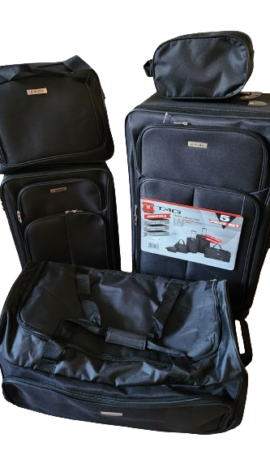 New Luggage Set of 5, - Large 4 360 Wheel Suitcase, Cabin Bag, Holdall/Duffall, Shoulder Bag, Toilet Bag.