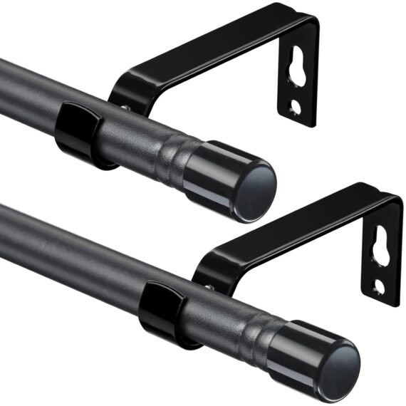 2 x Black Curtain Poles Adjustable up to approx. 129cm long. 16mm Diameter, with Caps New