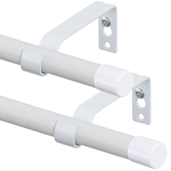 2 x White Curtain Poles Adjustable up to approx. 164cm long. 16mm Diameter, with Caps New