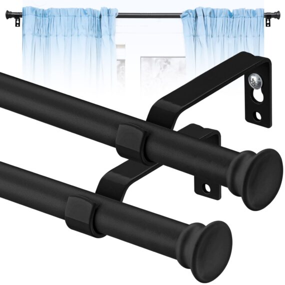 2 x Black Curtain Poles with Flared Finials Adjustable up to 126cm each New 16mm Diameter