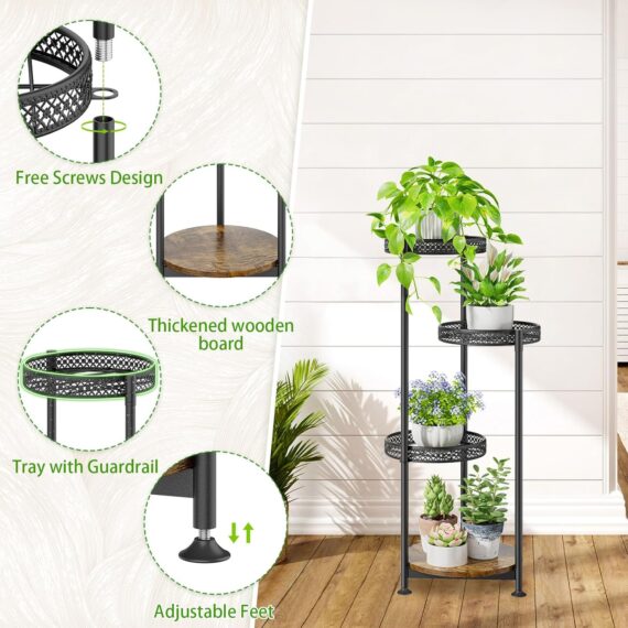 4 Tier Plant Stand Indoor and Outdoor New Rustic Wood and Metal Plates New RRP £28.99