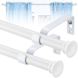 2 x White Curtain Poles with Flared Finials Adjustable up to approx. 163cm long. 16mm Diameter New