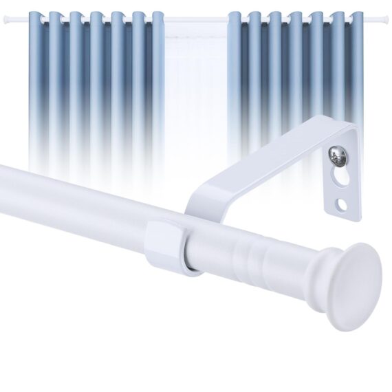 White Curtain Pole with Flared Finials Adjustable up to approx. 126cm long. 16mm Diameter New