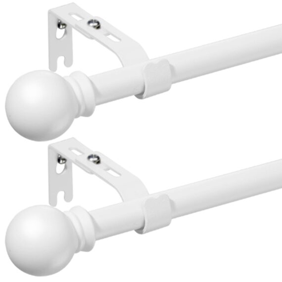 2 x White Curtain Poles with Ball Finials Adjustable up to approx. 378cm long. 16mm Diameter New